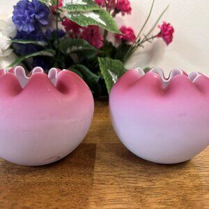 Vintage Pink Satin Glass Vases Pair Ruffled Edge Cased Glass Likely Fenton